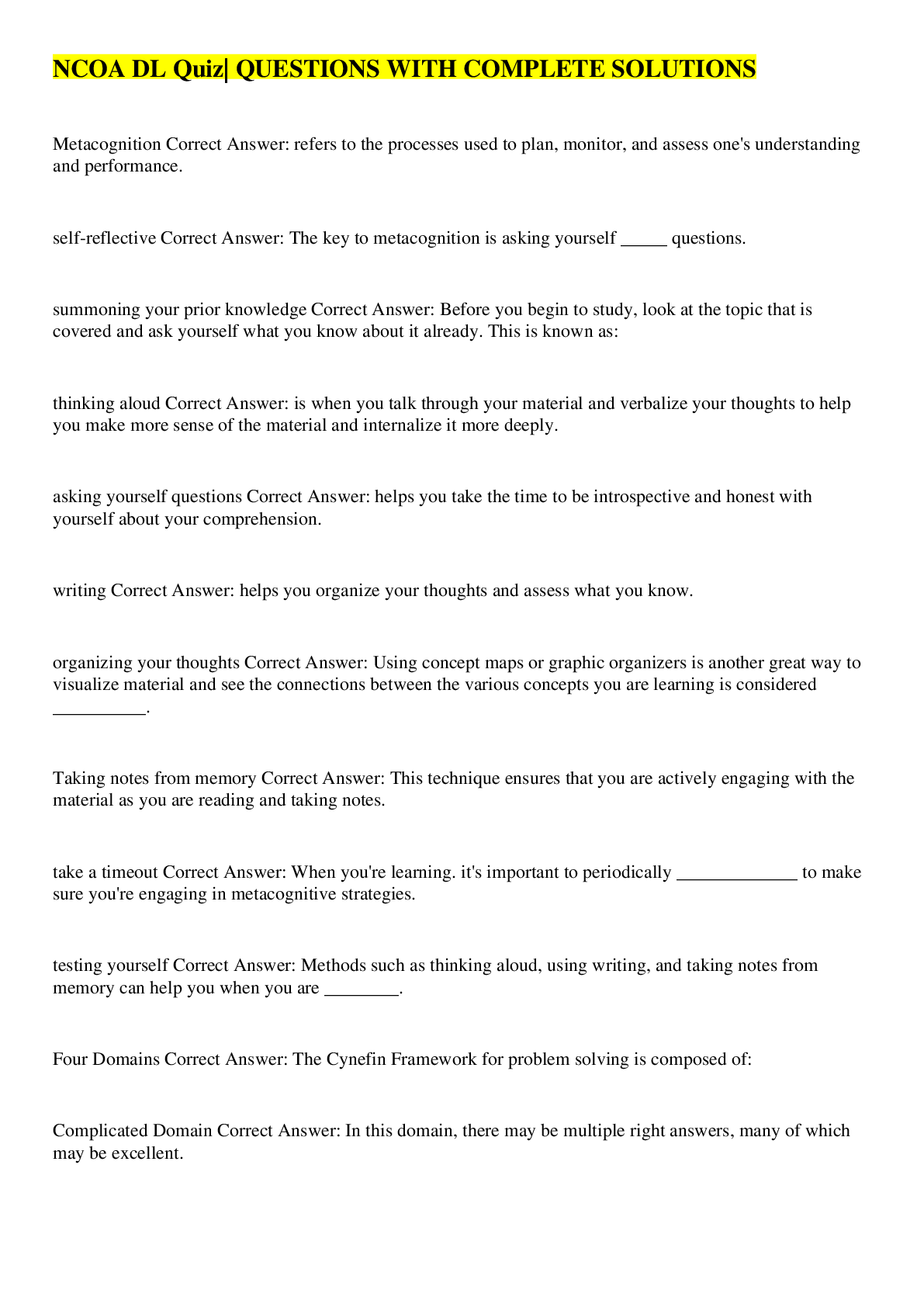 Preview image for NCOA DL Quiz| QUESTIONS WITH COMPLETE SOLUTIONS